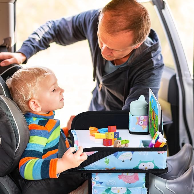 WENRENER Kids Travel Tray, Car Seat Tray for kids Travel, Toddler Road Trip Essentials With Drawing Kit, Toddler Lap Desk Organizer for Car, Carseat Table for Airplane