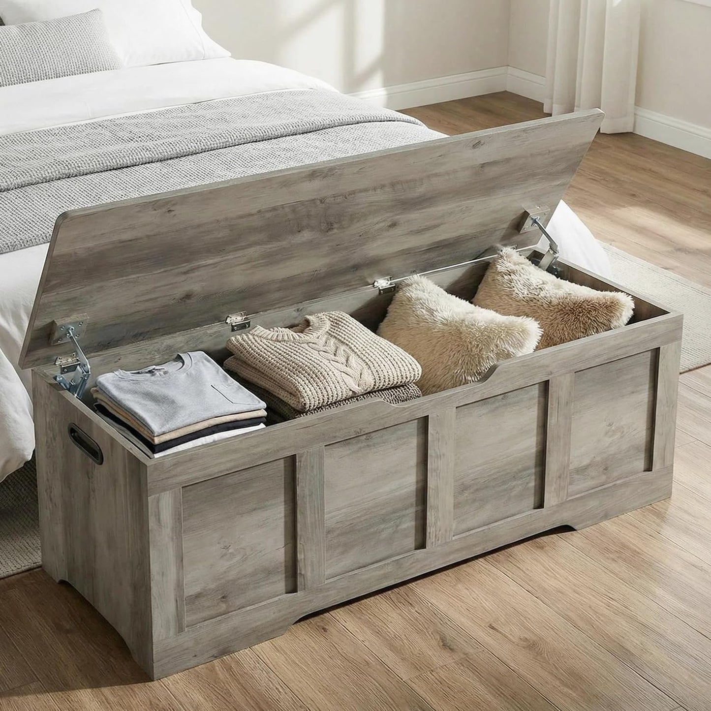 Timberer 47.2" Storage Chest, Extra Large Storage Trunk with 2 Safety Hinges, Wooden Storage Bench, Shoe Bench, Entryway Bench for Living Room, Bedroom, Grey