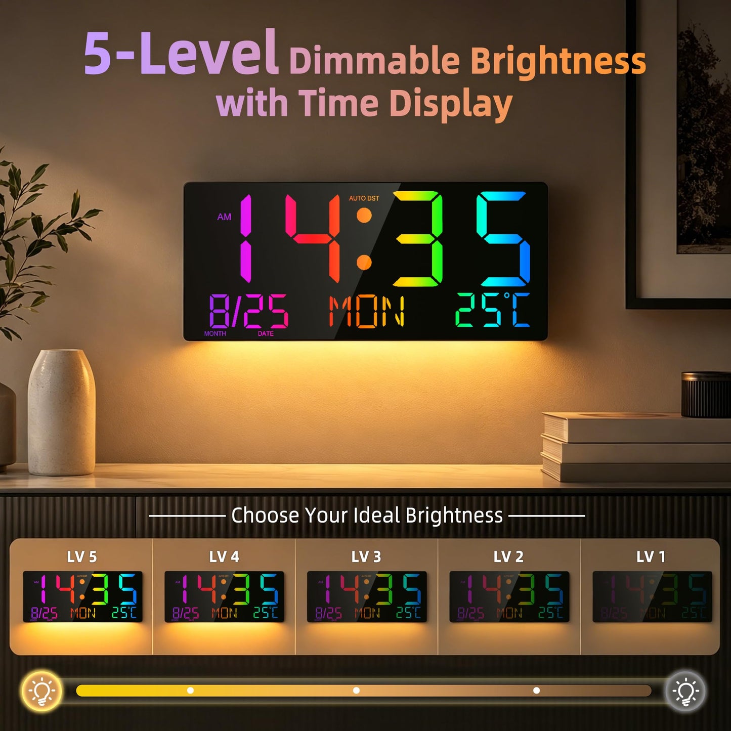 Mee 2ou 16" Large Digital Wall Clock with RGB LED Jumbo Number, Remote Control, Auto DST, Temperature,Calendar, Modern Wall Mount Digital Clock for Living Room, Classroom, Office Wall, Senior Bedroom