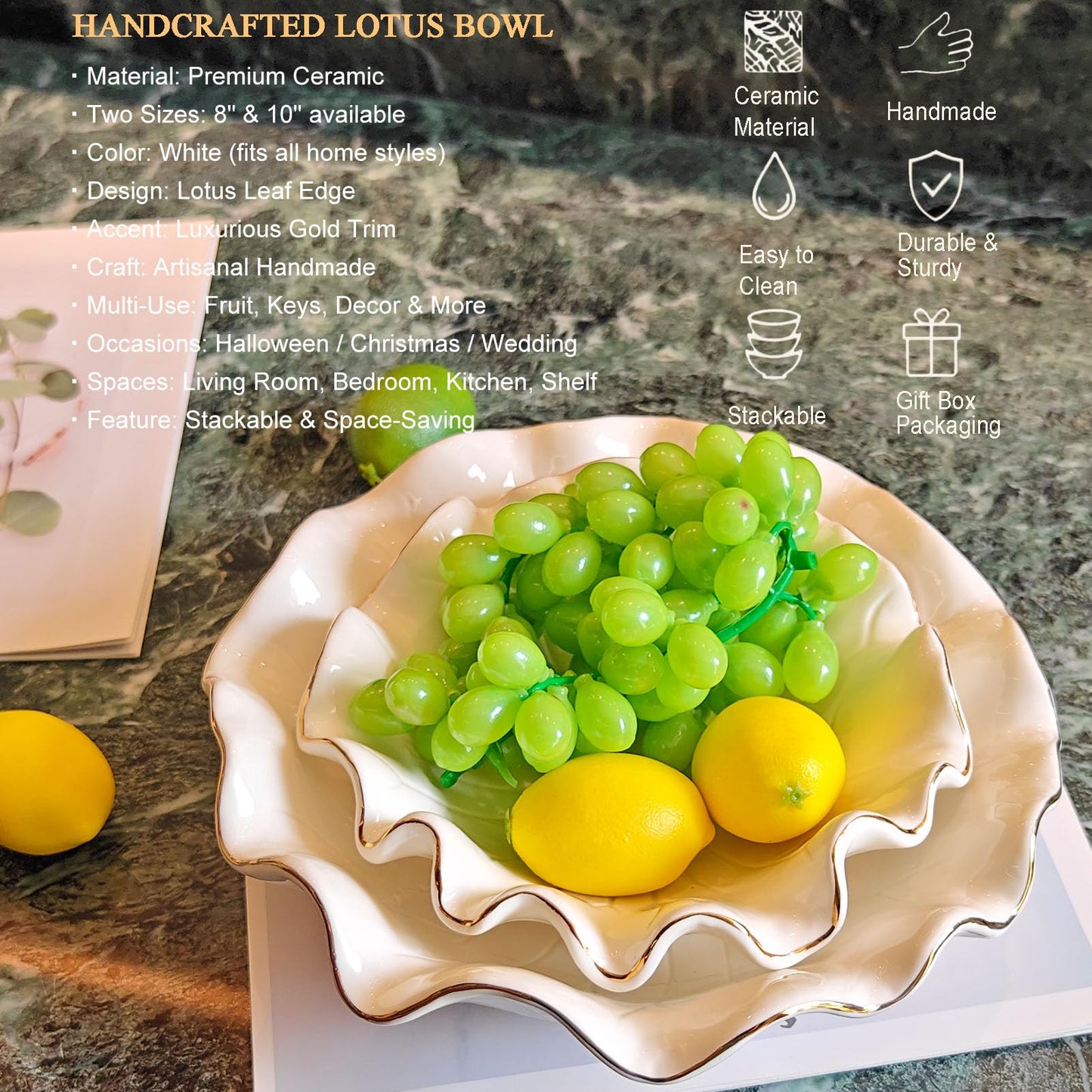 Aimtobest Handcrafted 8" White Ceramic Ruffle Bowl with Gold Trim – Modern Lotus Design, Small Shallow Decorative Bowl for Kitchen Counter & Key Holder for Entryway Table, Catch-All for Home Decor
