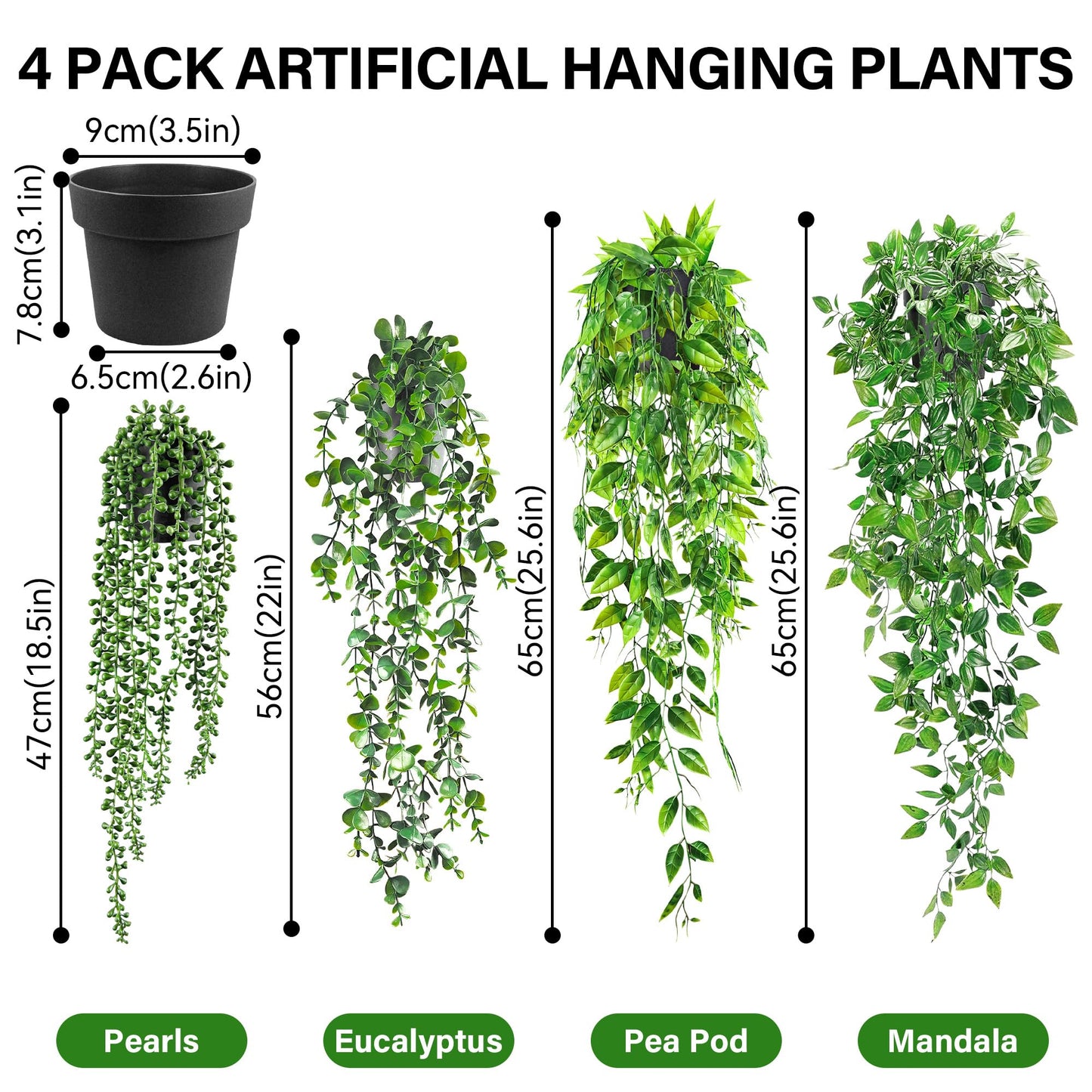 USLAI Artificial Hanging Plants Vine, Fake Potted Greenery Faux Eucalyptus, Mandala, String of Pearls, Pea Pod Leaves in Pot for Office Living Room Bathroom Indoor Outdoor Décor (4 Pack)