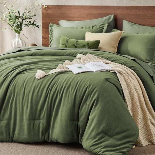 JOLLYVOGUE Queen Comforter Set Dark Green, Cationic Dyeing Bed in a Bag Queen 7 Pieces, Double-Tone Bedding Set with Down Alternative Comforter, Sheets, Pillowcases & Shams