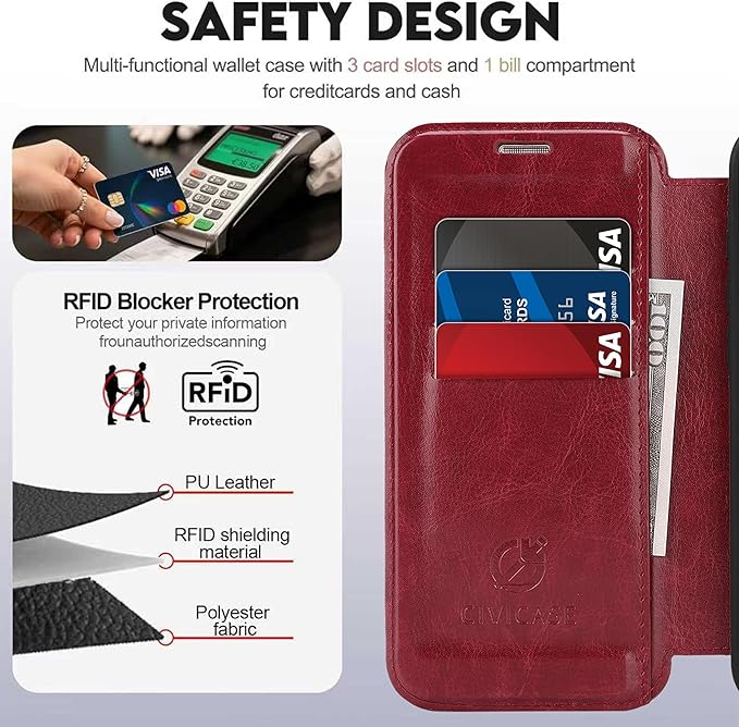 CIVICASE for iPhone 13 Pro Max Wallet Case with Stand,PU Leather Flip Credit Card Holder Slots (RFID Blocking),Compatible with Magsafe Magnetic Holder Phone Cover Women Men,Wine Red