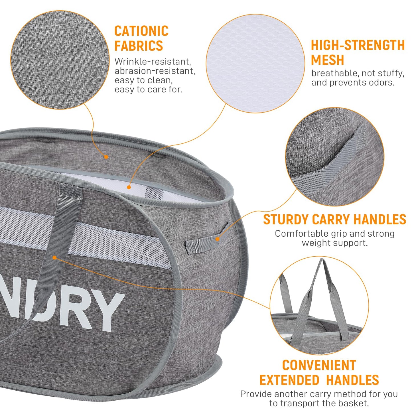 Collapsible Laundry Baskets, Foldable Clothes Hamper with Reinforced Handles, Sturdy Pop Up Hampers for Laundry, Tear Proof & Easy to Carry Laundry Hamper for Home, Apartment, Dorm, Travel Grey