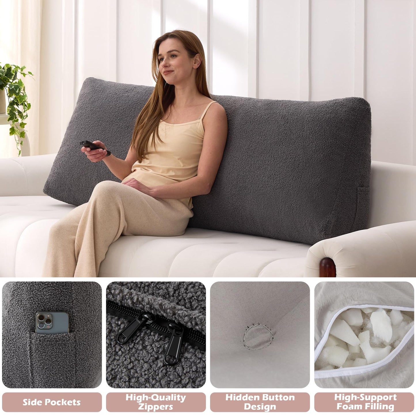 MuaMelop Headboard Pillow Queen, Triangle Bed Wedge Pillow for Headboard, Backrest Pillow for Sitting up, Reading, Working, Headboard Daybed Pillow with Removable Cover for Bed, Dorm Sofa, Dark Grey