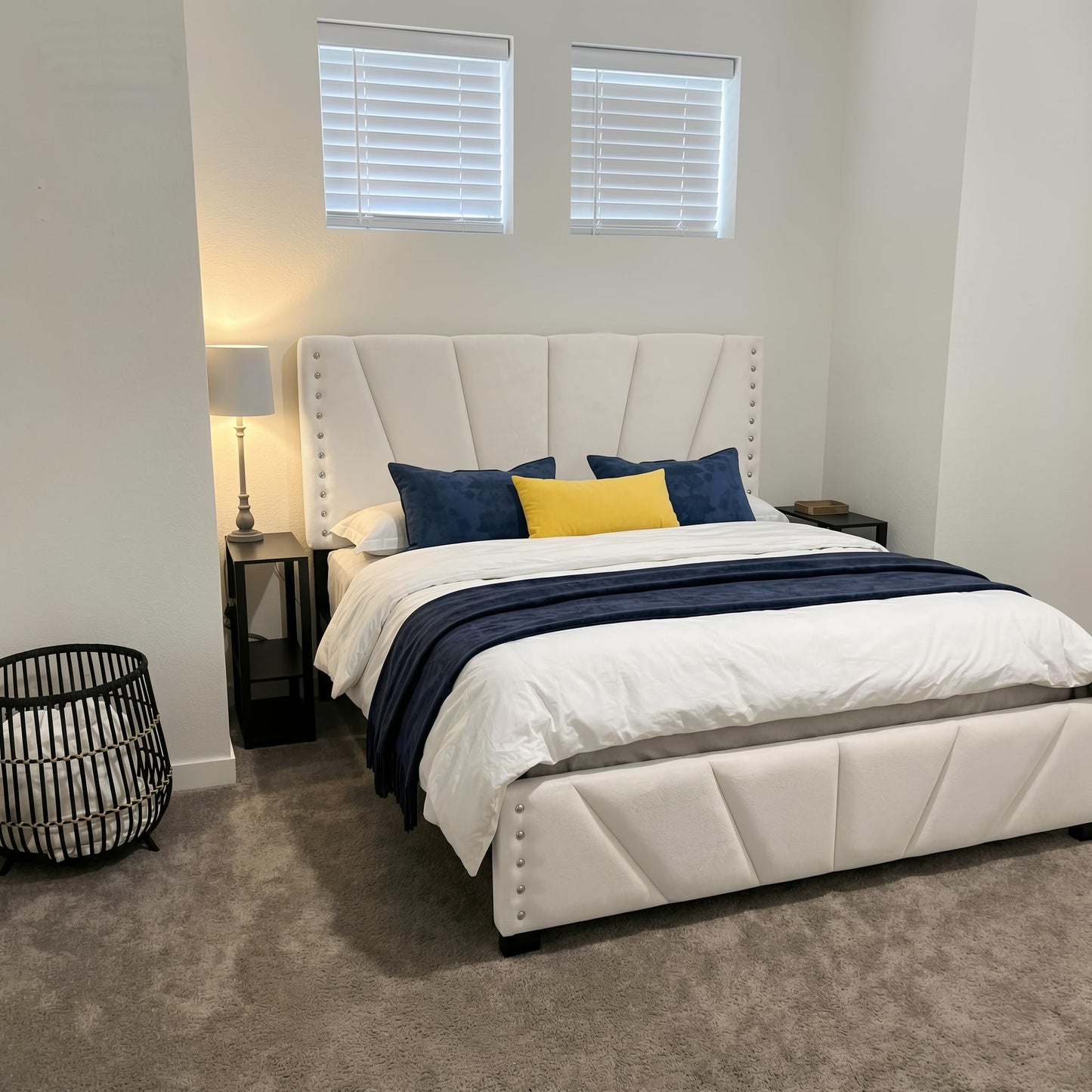 EnHomee Queen Platform Bed Frame with Velvet Upholstered Adjustable Headboard, LED Lights, and Charging Station for Bedroom, Apartment, No Box Spring Needed, Noise-Free, Easy Assembly, Beige