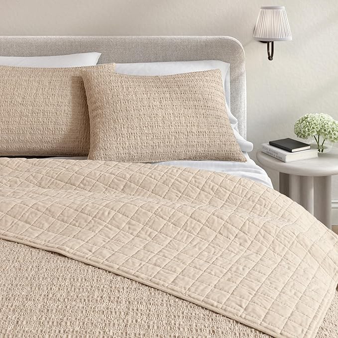 Great Bay Home Full/Queen Size Taupe 100% Cotton Honeycomb Waffle Quilt and Sham Set - Garment Washed, Waffle Weave Like Texture, Lightweight 3-Piece Bedding Set (Cappuccino)