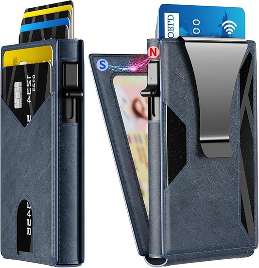 KISUEDZP Wallet for Men Slim RFID Blocking-Metal Smart Pop-Up Credit Card Holder with 2 ID Windows, Holds 8-10 Cards,Bifold Compact Minimalist Front Pocket Wallet & Money Clip,Men's accessories (Blue)