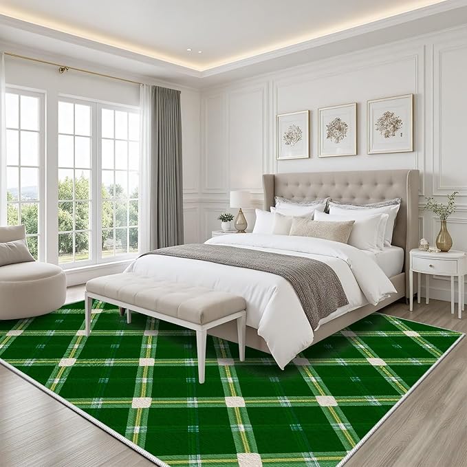 Plaid Rug - 6x9 Rug for Living Room, Geometric Stripes Soft Neutral Indoor Floor Carpet, Non-Slip Stain Resistant Modern Washable Rugs for Bedroom, Green Area Rugs