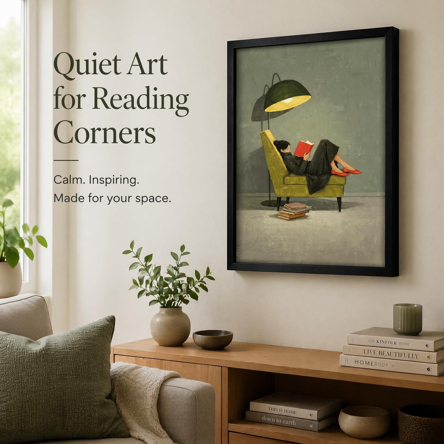 Framed Trendy Women Reading Book Wall Art Quiet Moment on The Sofa Art Prints Green Striped Painting Picture Modern Women's Minimalist Pictures Artwork for Living Room Bedroom Home office Wall Decor