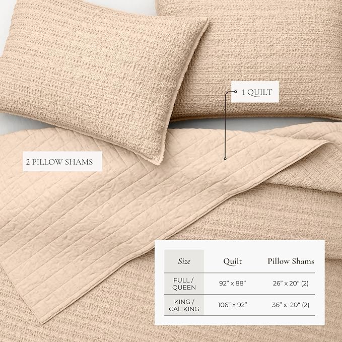 Great Bay Home Full/Queen Size Taupe 100% Cotton Honeycomb Waffle Quilt and Sham Set - Garment Washed, Waffle Weave Like Texture, Lightweight 3-Piece Bedding Set (Cappuccino)