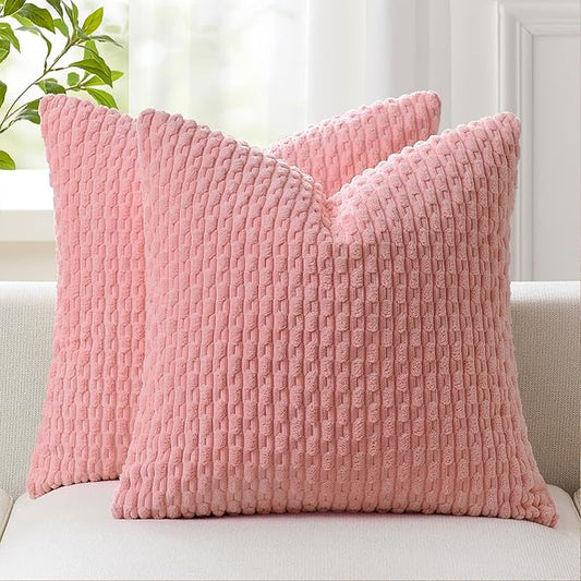 Kevin Textile Valentines Day Decorative Pillow Covers Set of 2 Striped Plush Corduroy Pillows Pillowcases Boho Home Decor Cushion Covers for Couch Sofa Bed Living Room 20x20 Inch, Dark Pink