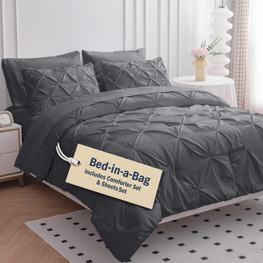 LANE LINEN Queen Comforter Set - 7 Pc Bed in a Bag, Ultra Smooth Microfiber All Season - Queen Comforter Set with Sheets, Pillowcases & Shams - Very Soft Bedding for Daily Sleep - Grey