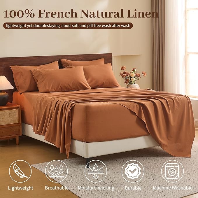 MEISHANG 100% French Pure Linen Sheets California King Size - 6 PC Extra Deep Pocket Sheet Set, Soft Durable Flax Linen, Anti-Tear Breathable & Oeko-Tex Certified 18-24 Deep Pocket,All Season(Orange)