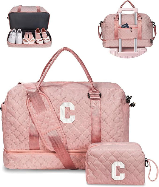 Vogewood Birthday Gifts-for Women-Initial Duffle Bag with Shoe Compartment, Personalized Weekender Bag, Monogram Overnight Bag, Letter Travel Bag with Makeup Bag，Friend Wife Birthday Gift (Letter C)