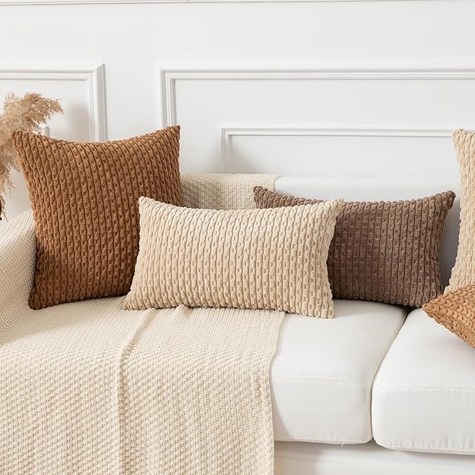 Kevin Textile Throw Pillow Covers Soft Corduroy Decorative Set of 2 Boho Striped Pillow Covers Pillowcases Farmhouse Home Decor for Couch Bed Sofa Living Room 12x20 Inch Beige