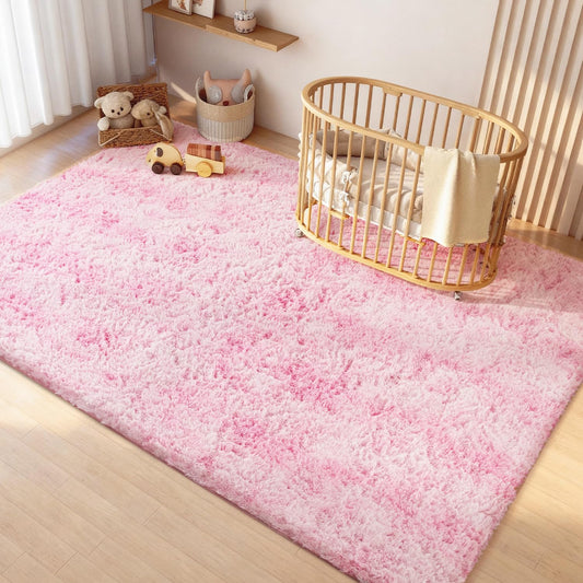 Litanika 3x5 Fluffy Shag Faux Fur Area Rug for Living Room Bedroom, Tie-Dyed Pink High Pile Soft Plush Shaggy Furry Bedside Playroom Dorm Carpet, Non-Slip, Non-Shedding Modern Indoor Floor Rug