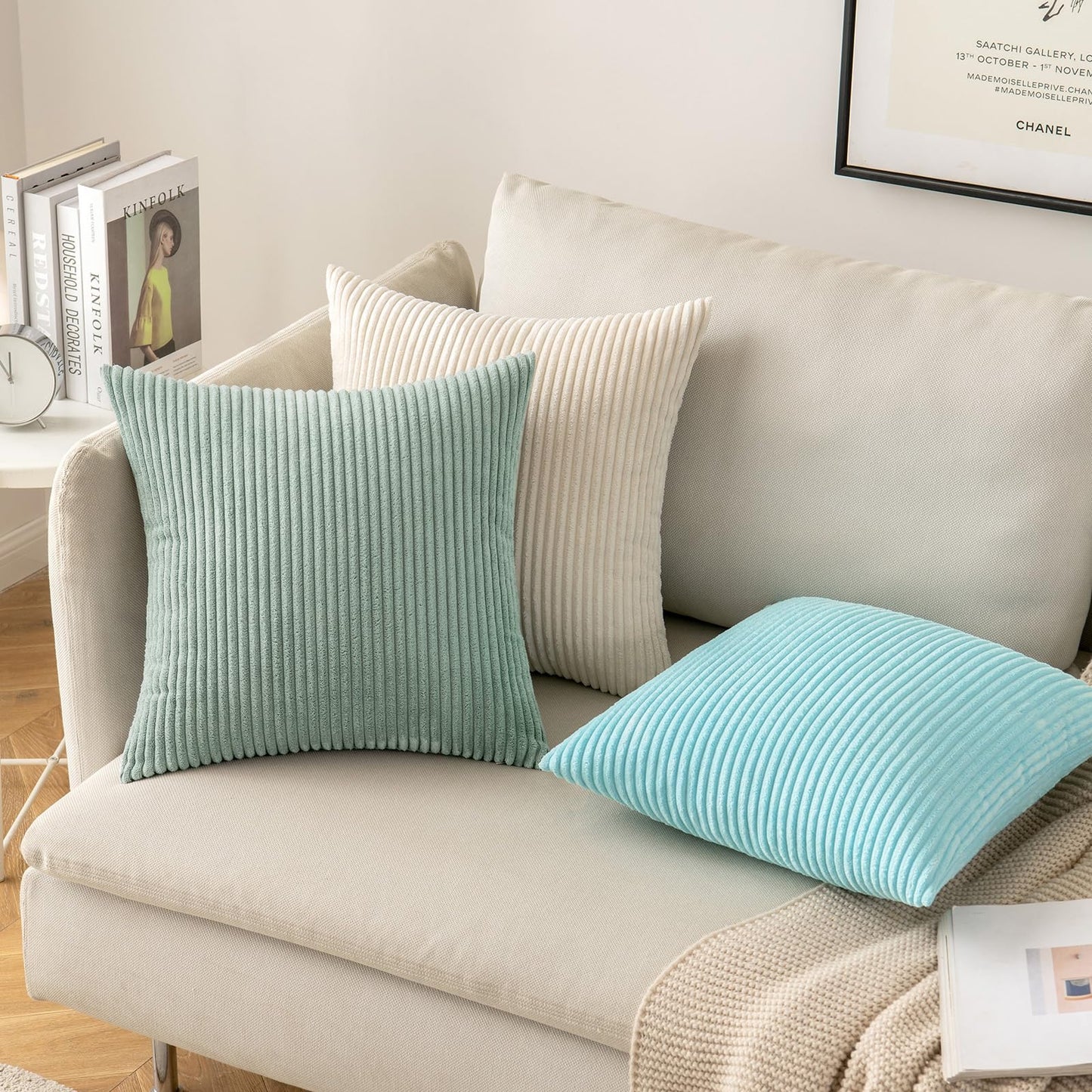 MIULEE Decorative Corduroy Pillow Covers Soft Solid Pack of 2 Cushion Cases Boho Square Throw Pillow Covers Greyish Green Pillowcases for Couch Chair Sofa Bed Living Room Home Decor 18 x 18 Inch