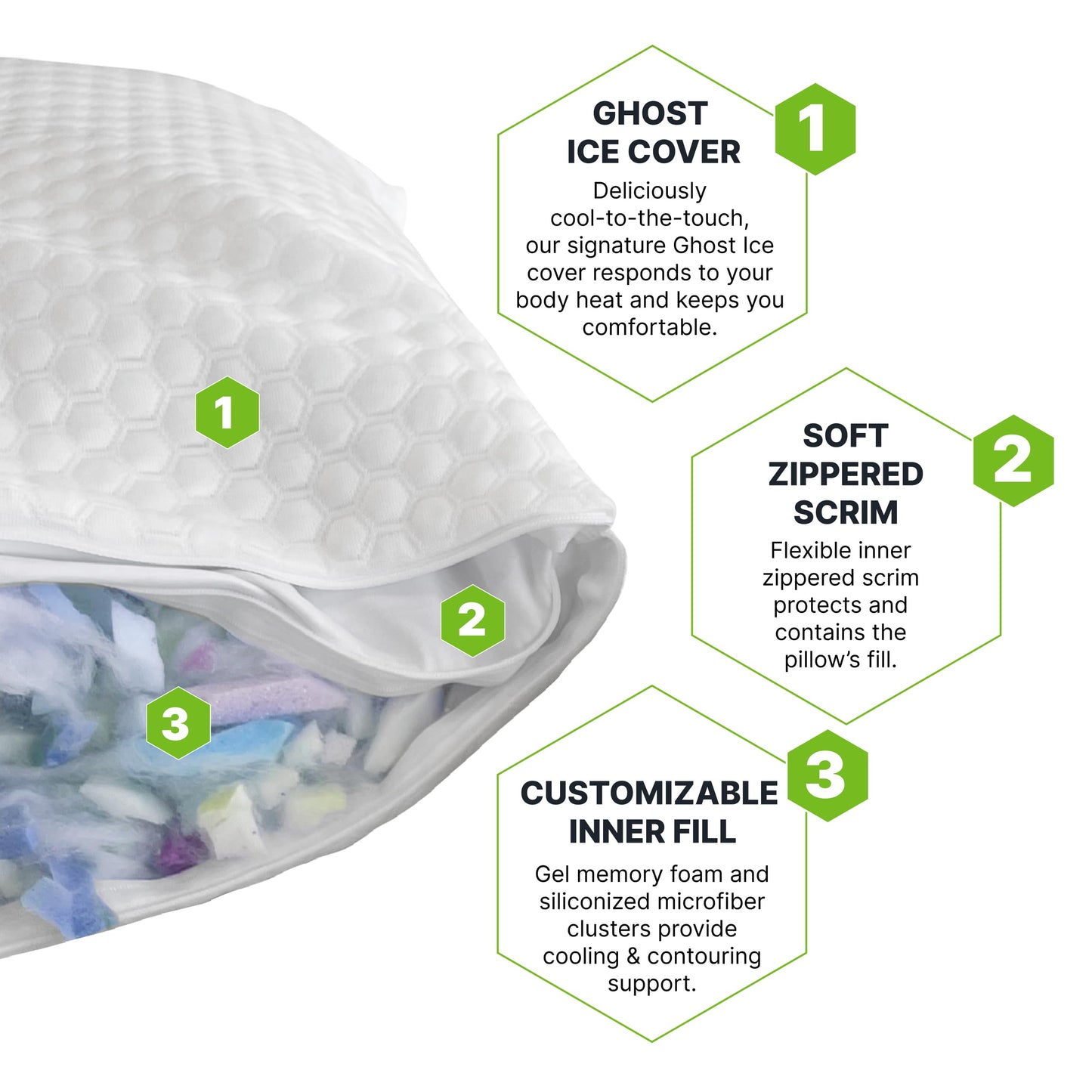 GhostBed Shredded Memory Foam Pillow with Adjustable Gel Memory Foam and Cooling Breathable Cover - King Size Shredded Memory Foam Pillows CertiPUR-US Certified 1-Pack