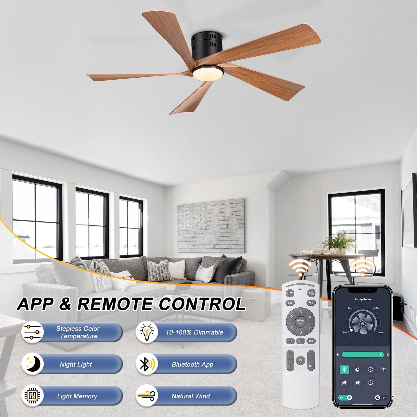 Ohniyou 52” Flush Mount Farmhouse Ceiling Fan with Lights, Remote & APP Control Low Profile Indoor Outdoor Ceiling Fans, Dimmable, Quiet DC Motor, Reversible, Black+Wood Color