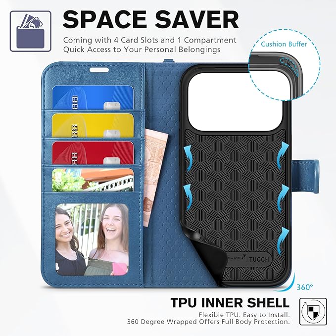 TUCCH Wallet Case for iPhone 17 Pro (6.3-Inch) 2025, Wrist Strap | RFID Blocking 4 Card Holders | Stand | Shockproof TPU Shell | PU Leather | Magnetic | Protective Flip Cover | Light Blue