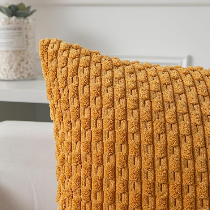 Kevin Textile Throw Pillow Covers Soft Corduroy Decorative Set of 2 Boho Striped Pillow Covers Pillowcases Farmhouse Home Decor for Couch Bed Sofa Living Room 24x24 Inch Golden Yellow