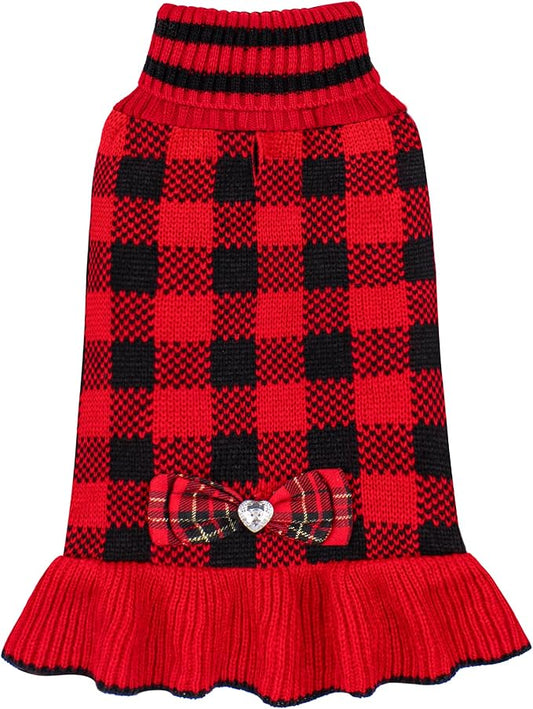 KYEESE Dog Christmas Sweater Dress with Bowtie Checkered, Turtleneck Dog Sweater for Small Dogs Girl with Leash Hole, Holiday Warm Pet Sweaters Dress, Red, Small