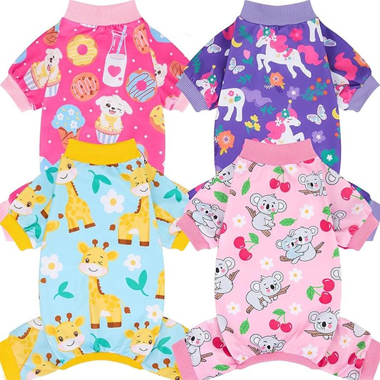 XPUDAC 4 Pieces Dog Pajamas for Small Medium Sized Dogs Stretchable Dog Pjs Soft Puppy Clothes Boy Girl Cats Pet Outfits, S