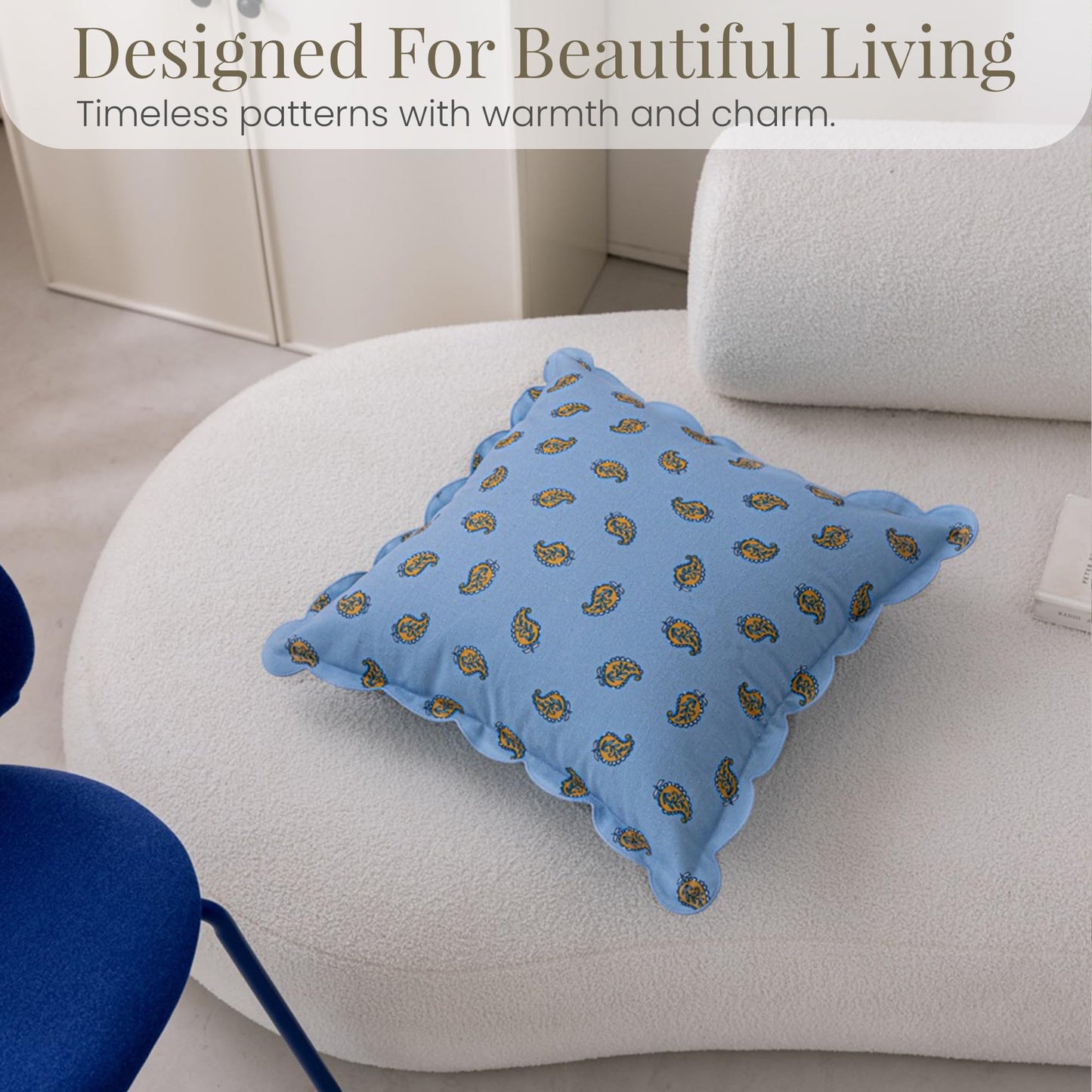 DrapePalette - Scalloped Throw Pillow Covers with Block Print Floral Patterns and Hidden Zipper - Blue Paisley, 20 x 20 Inches Pack of 1 - Soft Indoor Pillow Case for Livingroom, Bedroom, or Lounge