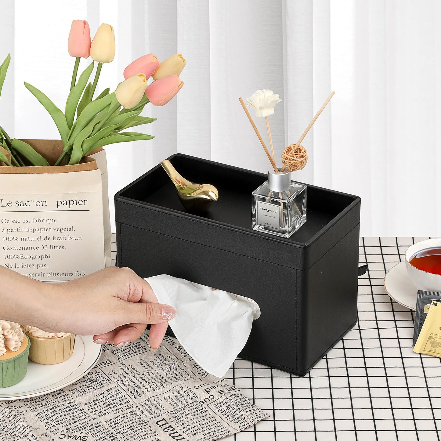 Sumnacon Tissue Box Cover with Storage Tray, Decorative Rectangular Tissue Holder PU Leather Facial Tissues Organizer Stylish Modern Tissue Dispenser for Bathroom Toilet Tank Vanity Dresser Table