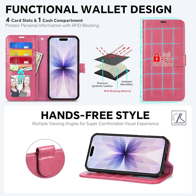 TUCCH 2-in-1 Removable Wallet Case for iPhone 17 (6.3-inch) 2025, Wireless Charging | RFID Blocking 4 Card Slots | Wrist Strap | Kickstand | Magnetic | PU Leather | Protective Flip Cover | Hot Pink