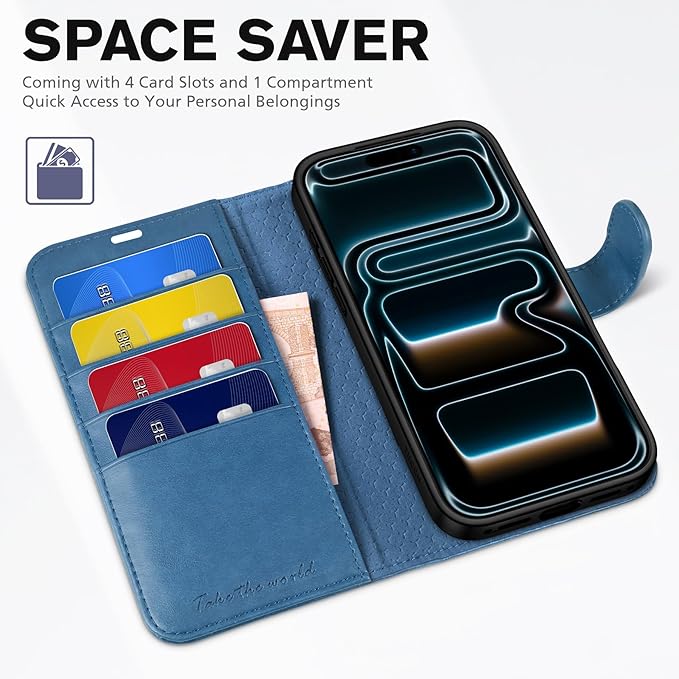 TUCCH Wallet Case for iPhone 17 Pro Max (6.9") 2025, 4 Card Slots, RFID Blocking, Stand, Shockproof TPU Shell, PU Leather, Magnetic Closure, Protective Flip Folio Cover, Light Blue
