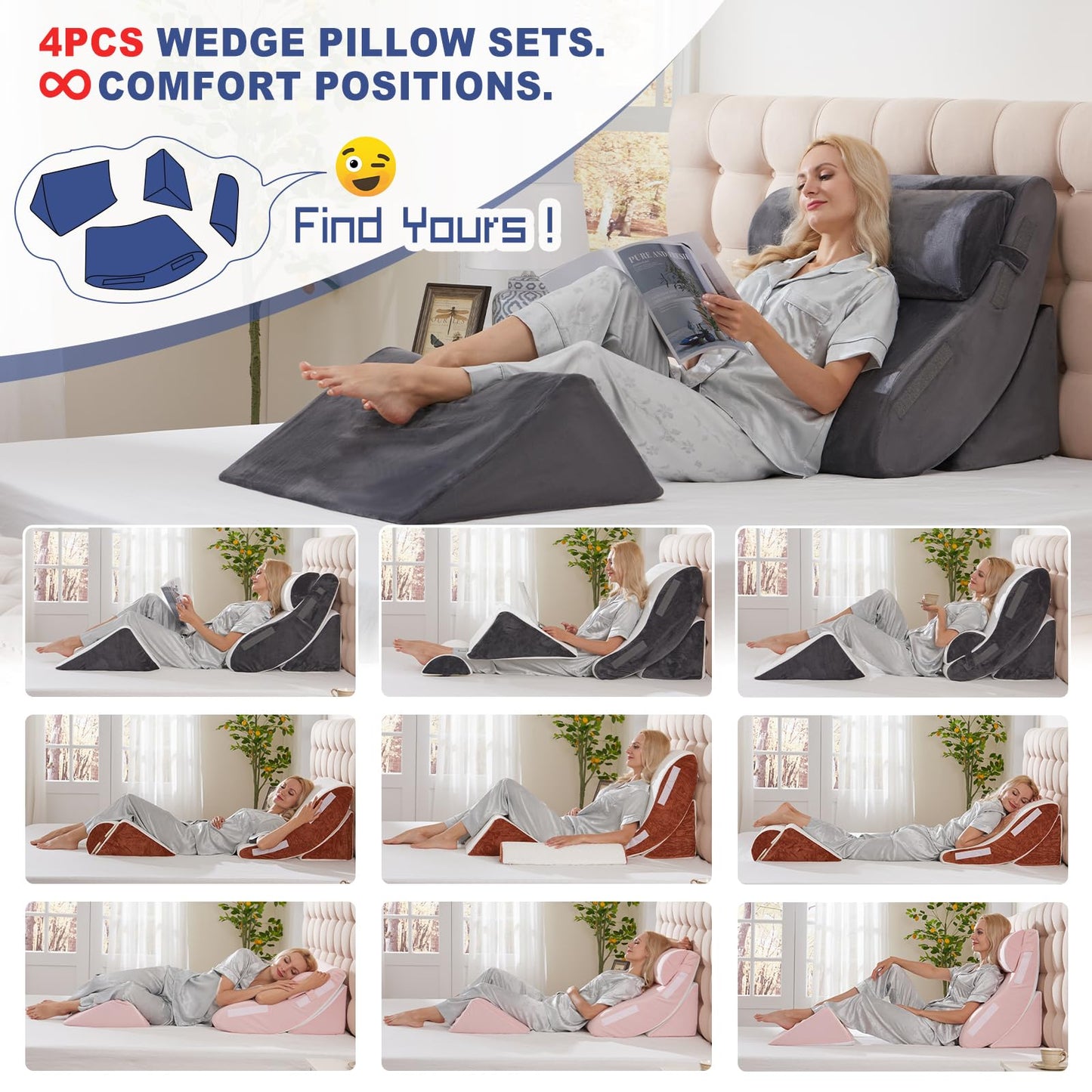 4PC Orthopedic Bed Wedge & BBL Surgery Pillow Set - Memory Foam Support for Buttocks/Back/Legs, Post Surgery Sleeping System with Adjustable Angles, Contains 2 Washable Pillowcases, Gray&White Grey