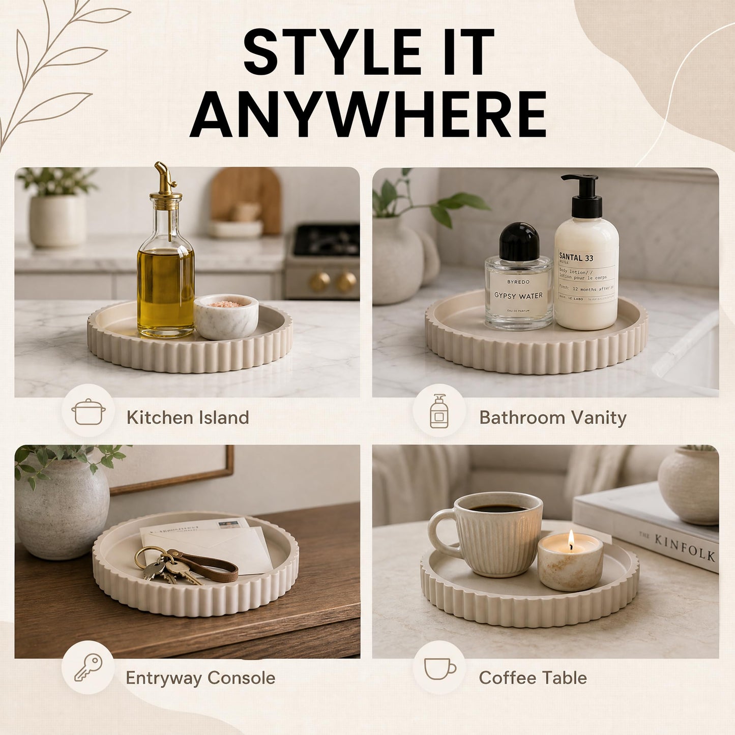 Vivere Home 11-Inch Concrete Round Tray Home Decor for Coffee Table Decor - Round Coffee Table Tray - Circular Kitchen Island Trays - Decorative Trays- Beige