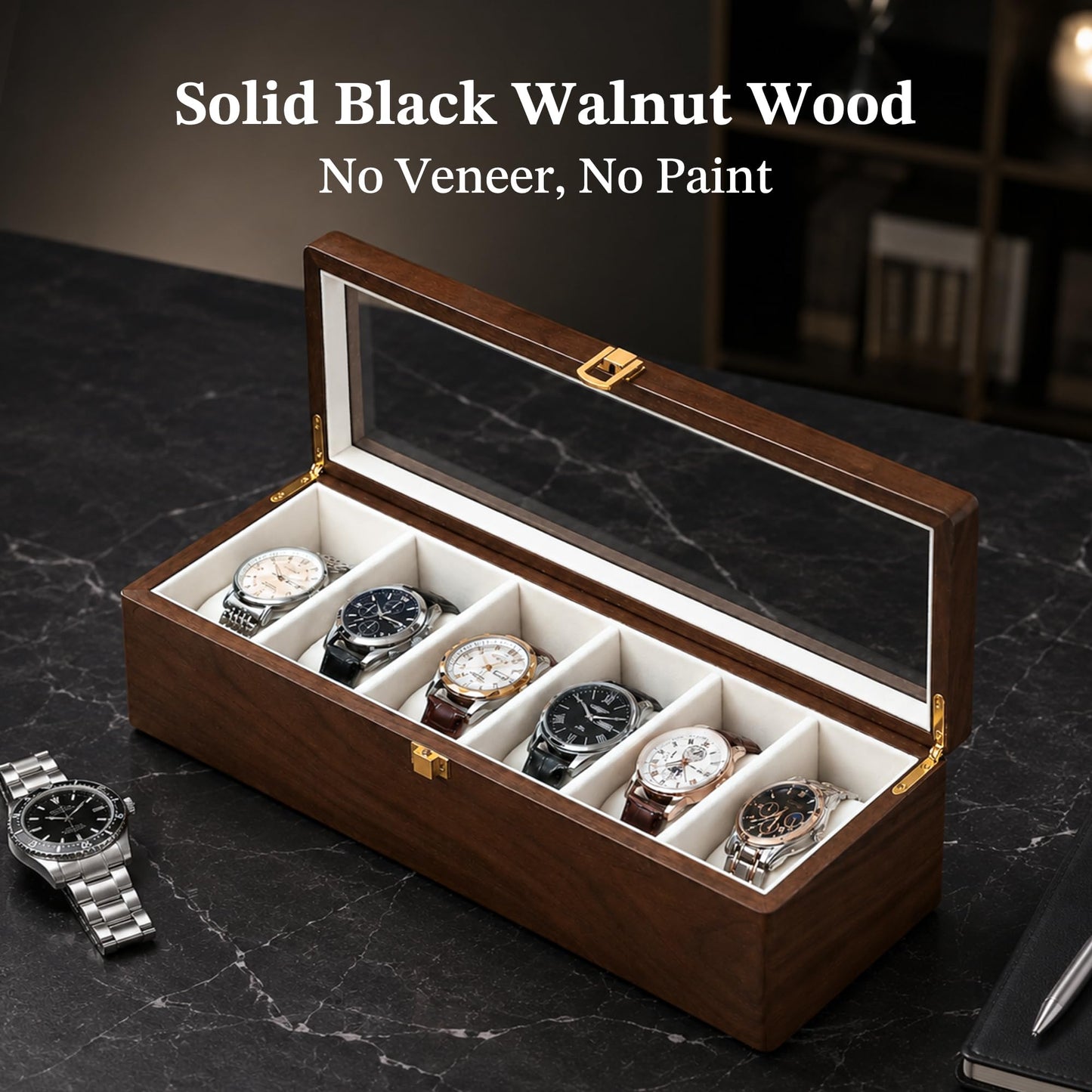 Solid Black Walnut Watch Box, 6 Slot Wooden Watch Organizer with Glass Lid, High-End Watch Display Case Jewelry Storage Box, Gift for Husband, Dad, Birthday, Anniversary, Father’s Day, Men and Women