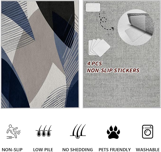 Abstract Art Line Living Room Area Rugs 5x8, Modern Boho Geometric Print Soft Rug, Minimalist Washable Non Slip Neutral Carpet for Bedroom, Dining Room Office Playroom, Navy Blue Gray
