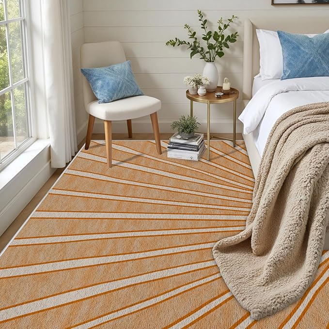 Boho Sun Print Area Rug for Living Room 7x9, Modern Abstract Non-Slip Washable Rugs, Soft Stripe Minimalism Carpet for Bedroom, Nursery, Entryway, Dining Room & Office Decor, Orange White