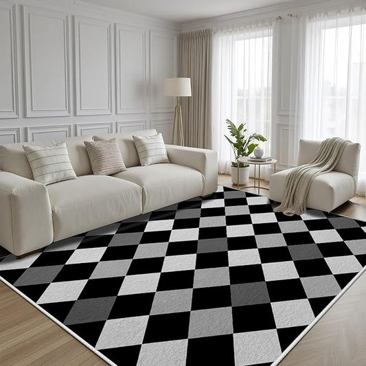 Black and White Rug 7x10, Rhombus Geometric Soft Ultra Soft Faux Wool Low Pile Rug, Indoor Floor Mats Carpet, Non-Slip Stain Resistant Washable Rugs, Modern Abstract Checkered Rugs for Living Room