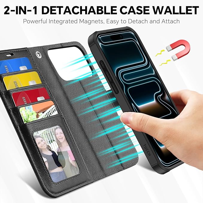 TUCCH Detachable Case Wallet for iPhone 17 Pro Max (6.9") 2025, Removable Wrist Strap, Wireless Charging, Stand, 4 Card Slots RFID Blocking, 2-in-1 Magnetic, PU Leather Flip Cover, Textured Black