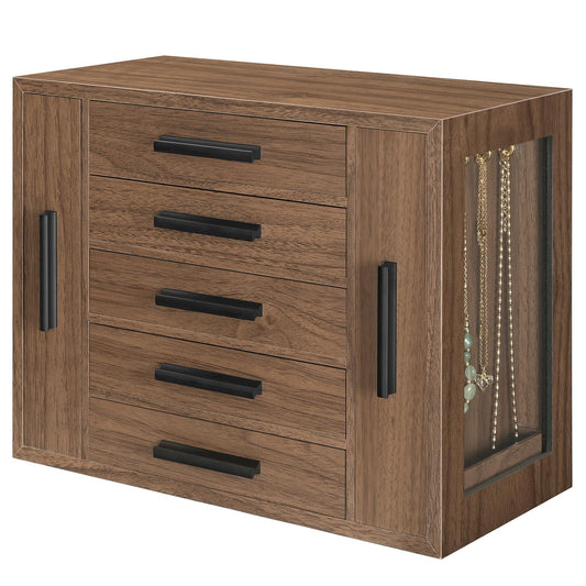 HOOBRO 5-Tier Jewelry Box, Wooden Jewelry Organizer with Transparent Windows, Jewelry Storage Box with 2 Vertical Drawers, for Earring, Necklace, Bracelet, Ring, Watch, Walnut and Black BH19JB04