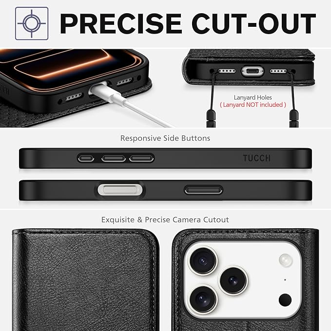 TUCCH Case Wallet for iPhone 17 Pro (6.3") 2025, RFID Blocking, 3 Card Holders, Kickstand, PU Leather, Protective Flip Folio Cover, TPU Shockproof Interior Shell, Textured Black