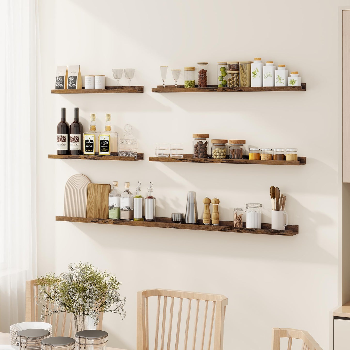 Fun Memories Picture Ledge Shelf - 24 Inches Floating Shelves Set of 4 - Nursery Bookshelves for Storage - Wood Bookshelf Wall Mounted for Bedroom - Living Room - Kitchen - Rustic Brown