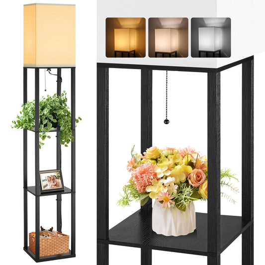 Befancy Floor Lamp with Solid Wood Shelves for Living Room, 3-Tier Shelf Standing Lamp with LED Bulb and Pull Chain Switch, Corner Display Bookshelf Lamp for Living Room and Bedroom(Black)