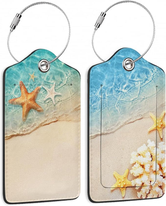 Starfish Sand Beach Luggage Tags,2 Pack Travel Cruise Tags for Suitcases, Cute Identifiers with Privacy Flap, Baggage Tags for Women Men Handbag