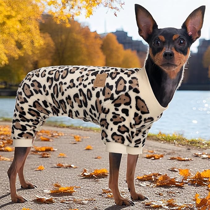XPUDAC Fleece Dog Pajamas Leopard Dog Sweaters Winter Puppy Clothes for Small Medium Dogs Boy Girl Pet Jumpsuits Doggie Outfits for Christmas, S