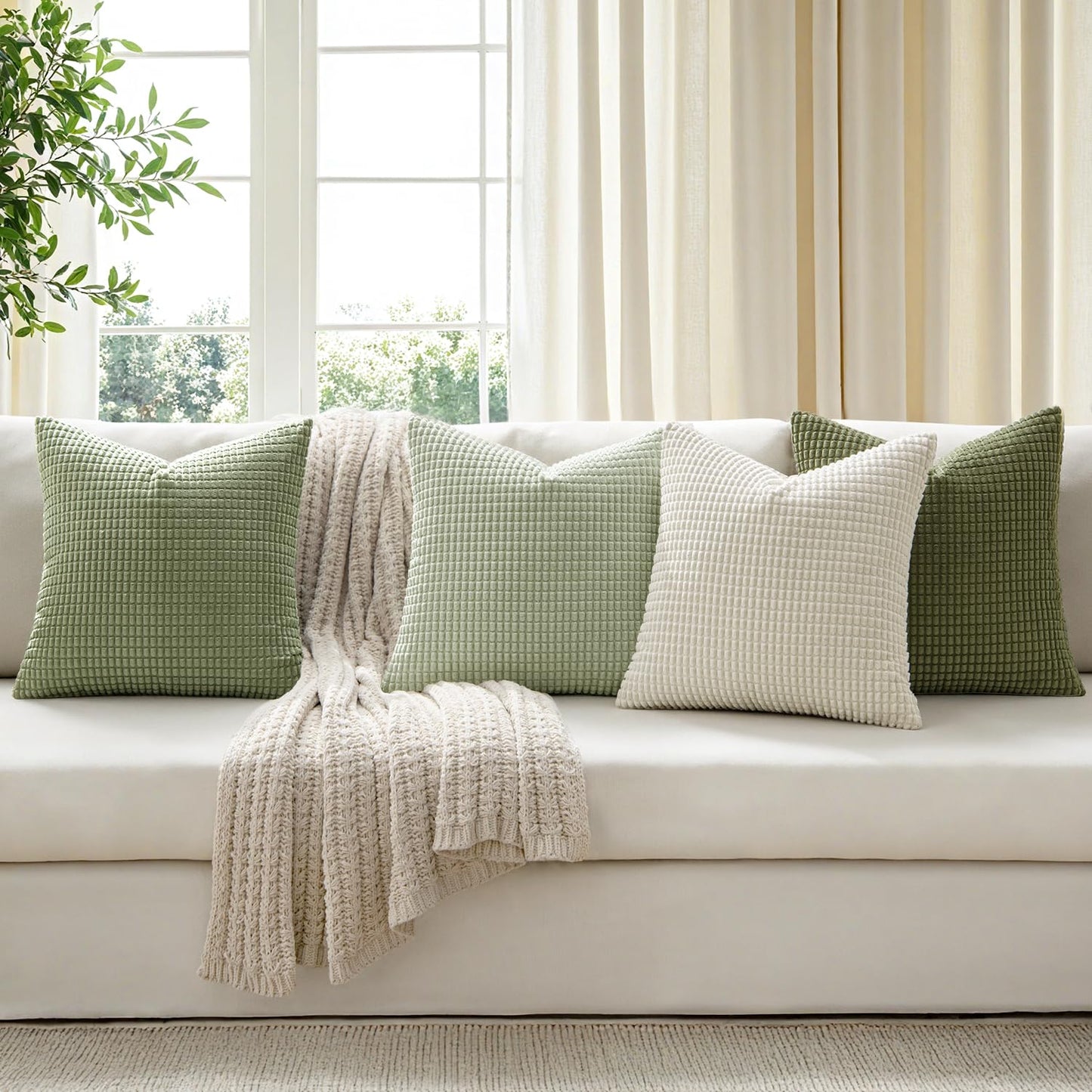 MIULEE Modern Farmhouse Decorative Spring Pillow Covers 20x20 Inch Set of 4 Natural Rustic Throw Pillows Neutral Warm Soft Corduroy Couch Pillowcases Home Decor for Sofa Living Room Bed Light Green