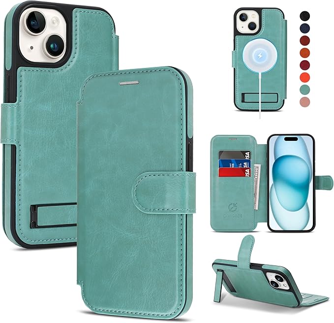 CIVICASE for iPhone 13/iPhone 14 Wallet Case with Stand,PU Leather Flip Credit Card Holder Slots (RFID Blocking),Compatible with Magsafe Magnetic Holder Phone Cover Women Men,Green
