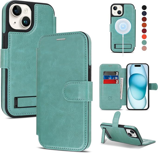 CIVICASE for iPhone 13/iPhone 14 Wallet Case with Stand,PU Leather Flip Credit Card Holder Slots (RFID Blocking),Compatible with Magsafe Magnetic Holder Phone Cover Women Men,Green
