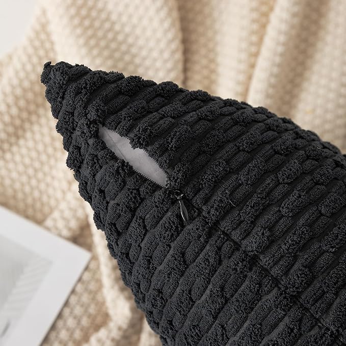 Kevin Textile Rectangle Throw Pillow Covers Ultra Soft Striped Corduroy Solid Cushion Covers Oblong Throw Pillowcases for Lumbar 12 x 20 inch Black