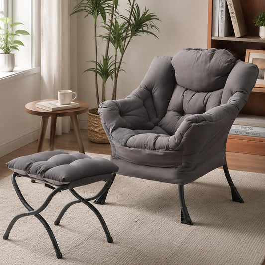 Givjoy Lazy Chair with Ottoman, Large Dark Grey Accent Chair with a Side Pocket, Modern Leisure Upholstered Sofa Reading Armchair with Footrest for Office, Bedroom, Living Room, Dorm Rooms, Balcony
